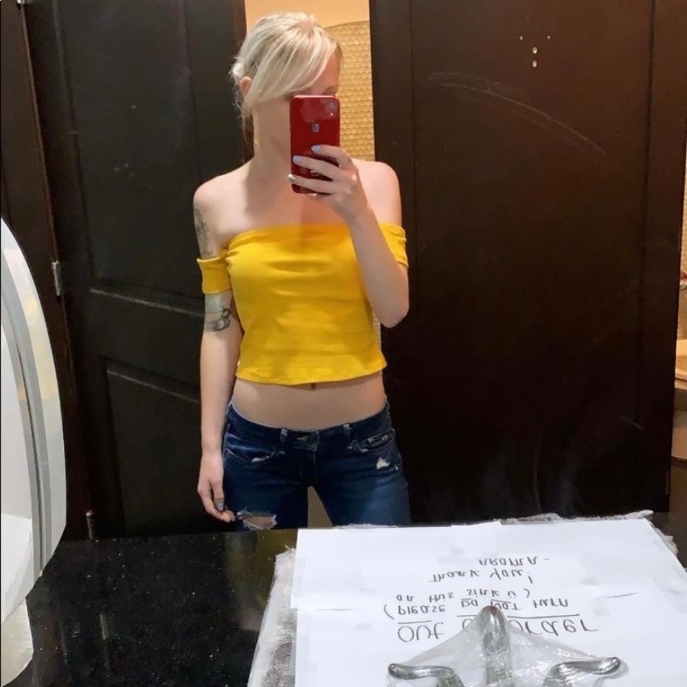 Mustard off shoulder crop top